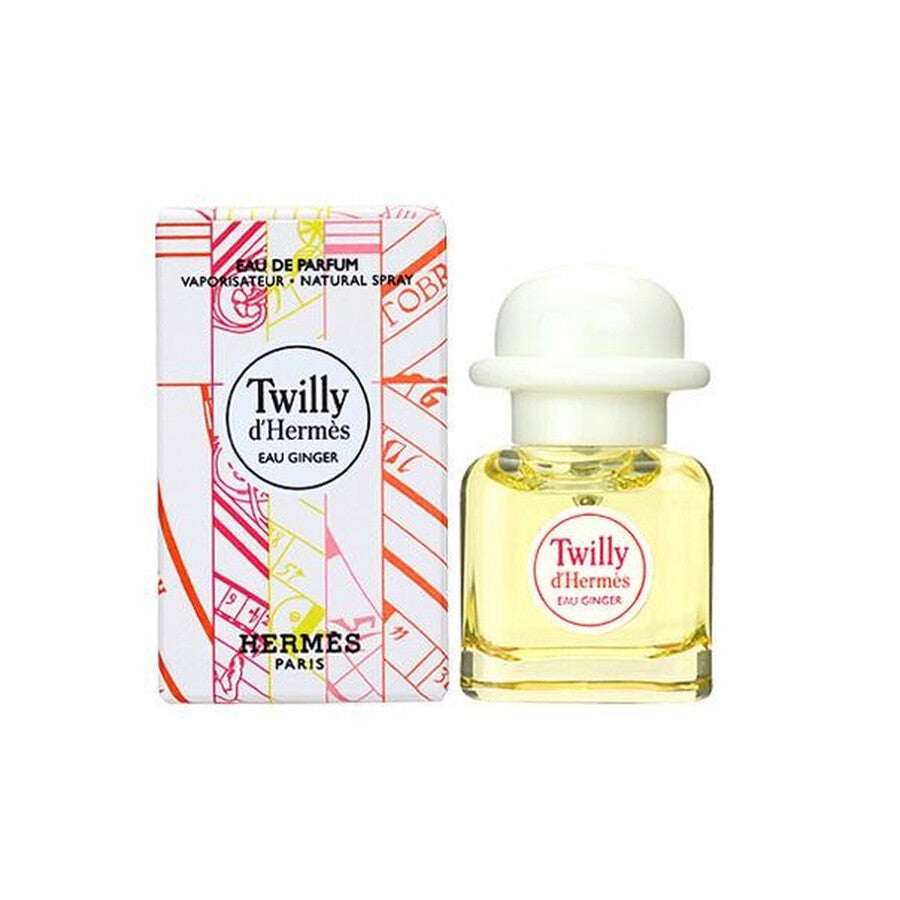 Hermès Twilly Eau Ginger 12.5ml bottle alongside its colorful patterned box