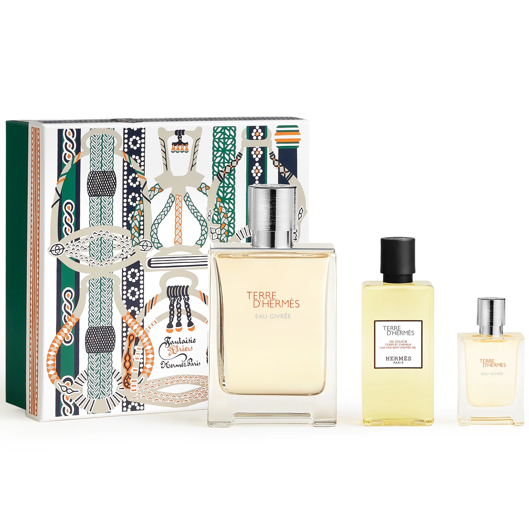 Hermès Terre d’Hermès Eau Givrée Eau De Parfum Gift Set with 100ml bottle, 12.5ml travel spray, and 80ml shower gel in luxury Hermès packaging