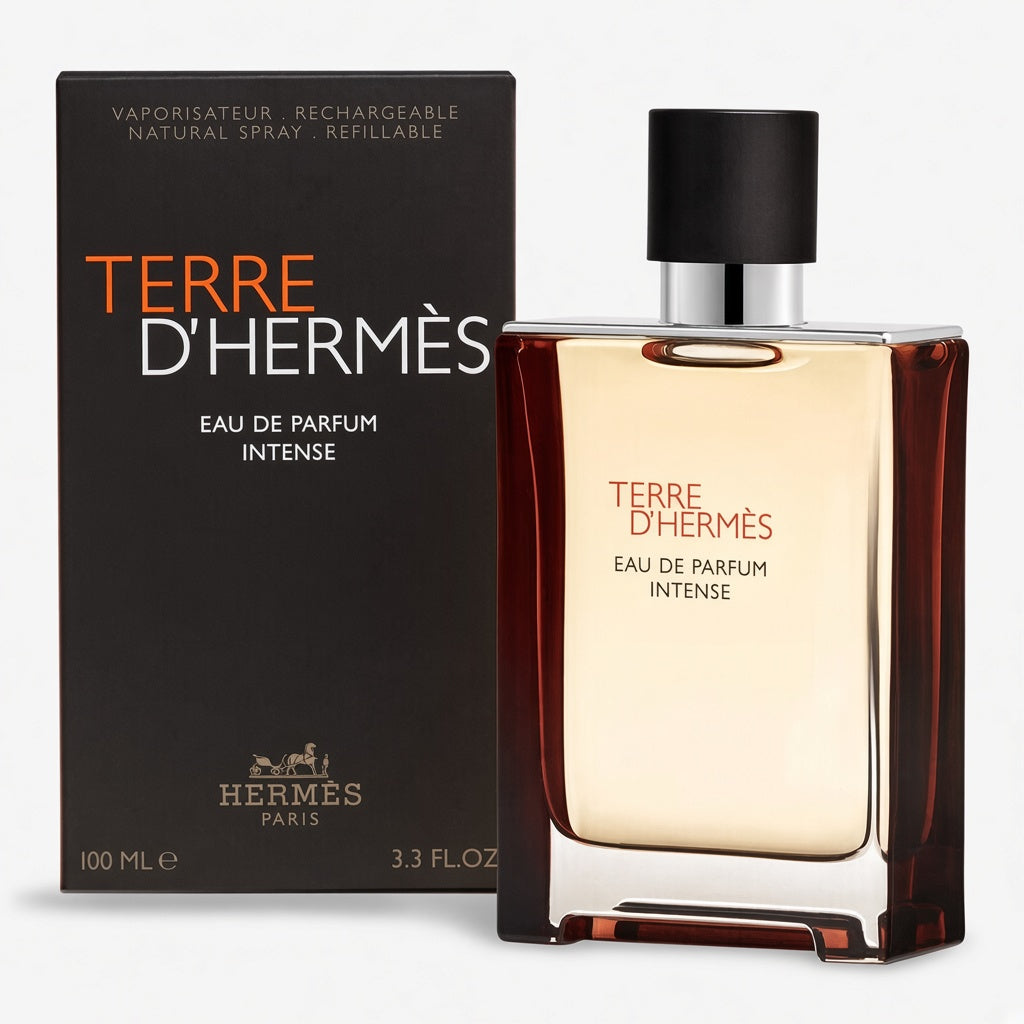Hermes Terre D'Hermès Eau De Parfum Intense 100ml bottle with its black packaging box, displayed on a clean white background.