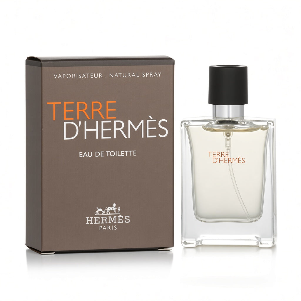 Hermès Terre D'Hermès Eau De Toilette 12.5ml miniature spray bottle next to its brown packaging box on a white background.