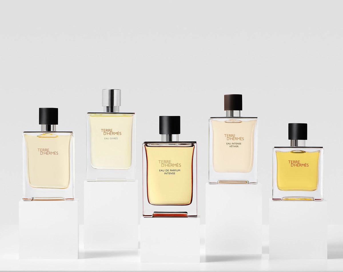 Five bottles of Terre D'Hermès perfume on a white background