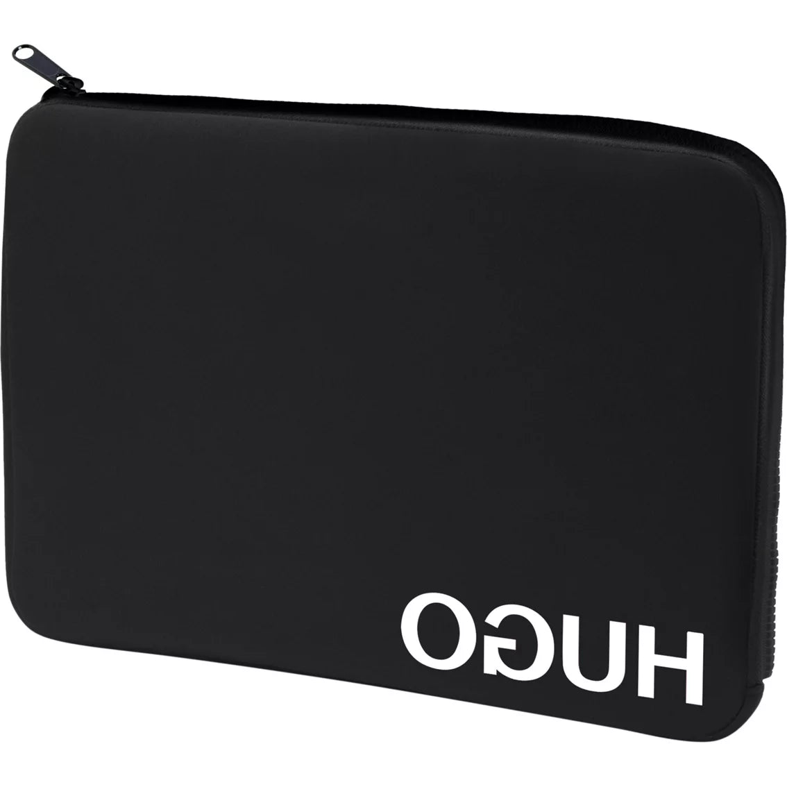 Black Hugo laptop sleeve with white logo and zip closure