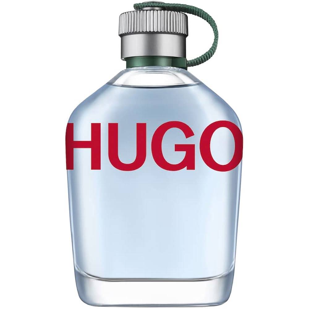 Hugo Boss perfume bottle with clear design and red 'Hugo' text on a white background