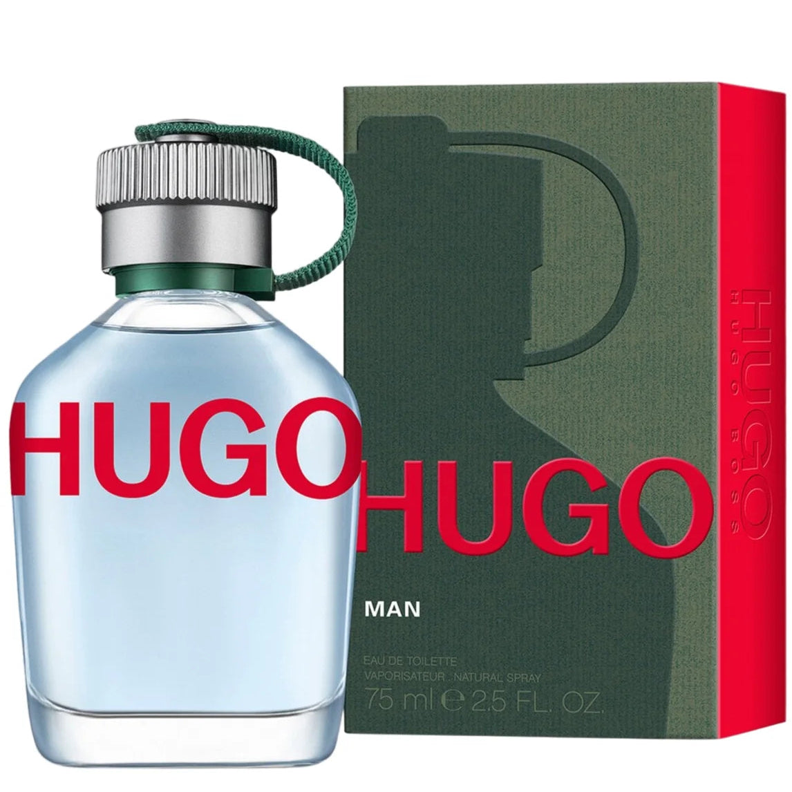 Hugo Man cologne bottle with light blue liquid and a green cap loop, shown next to its green and red packaging box on a white background.