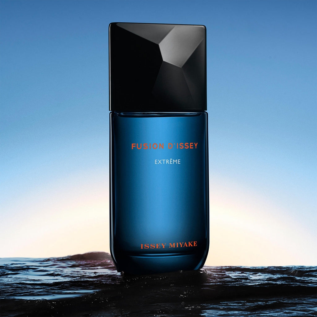 Issey Miyake Fusion D'Issey Extreme perfume bottle with a blue background