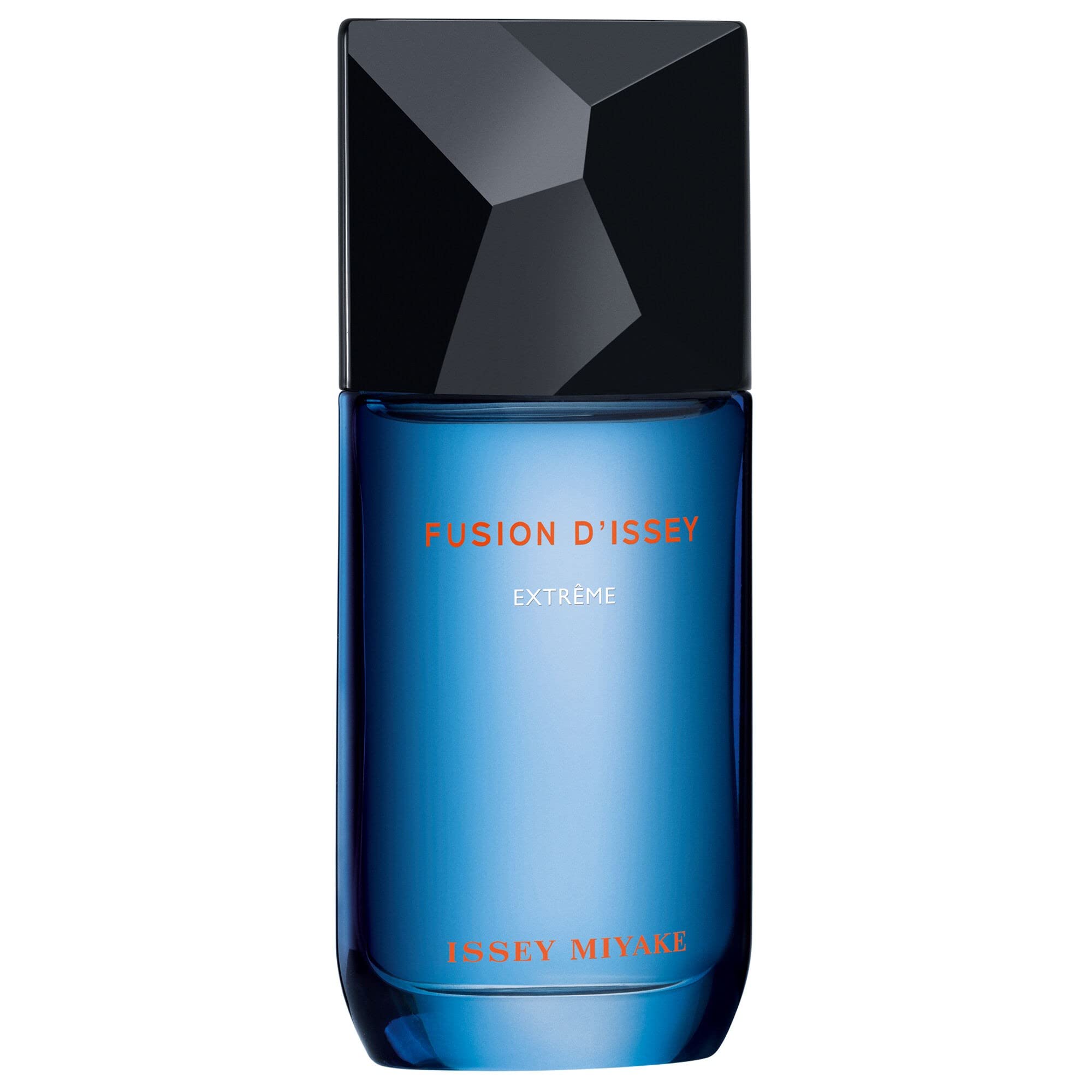 Issey Miyake Fusion d'Issey Extrême Eau de Toilette Intense 100ml in a deep blue polished glass bottle with faceted obsidian black cap