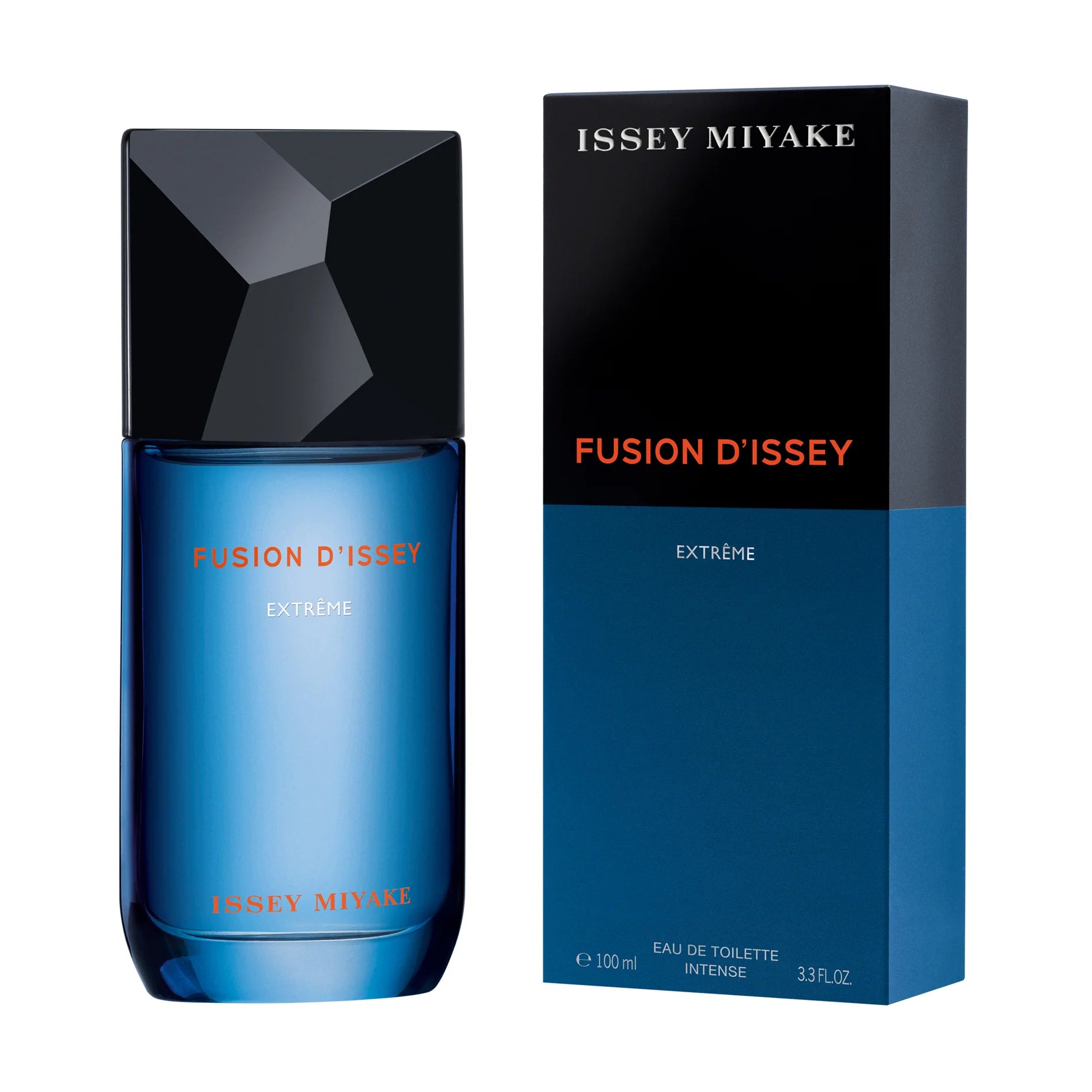 Issey Miyake Fusion d'Issey Extrême Eau de Toilette Intense 100ml in a deep blue polished glass bottle with faceted obsidian black cap