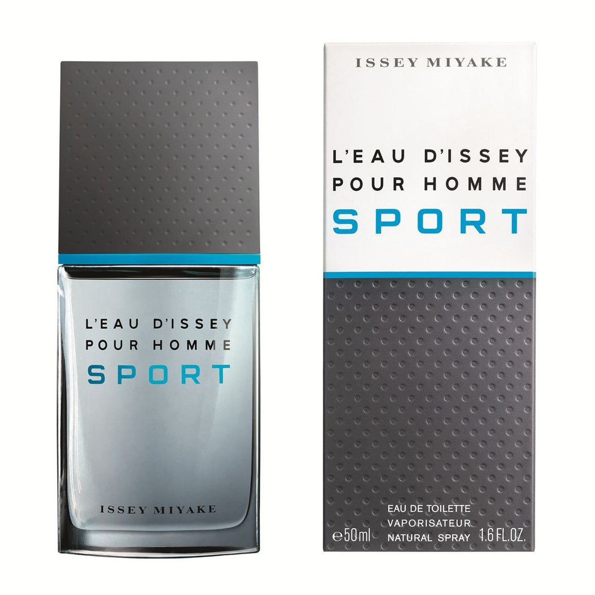 Issey Miyake L'Eau d'Issey Pour Homme Sport Eau de Toilette 50ml in the transparent light blue bottle with silver-grey stopper and blue accent line