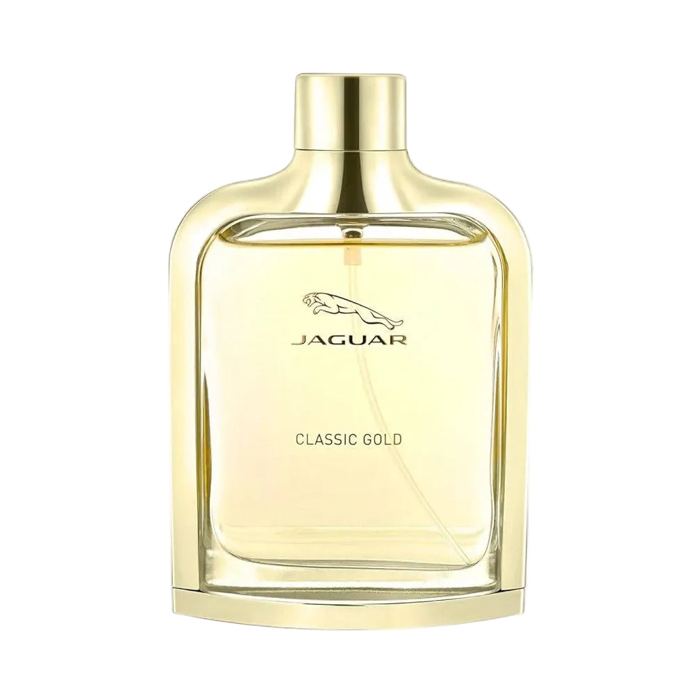 Jaguar Classic Gold Eau de Toilette 100ml in a sleek gold-toned bottle with silver Jaguar leaping cat emblem and clean minimalist design