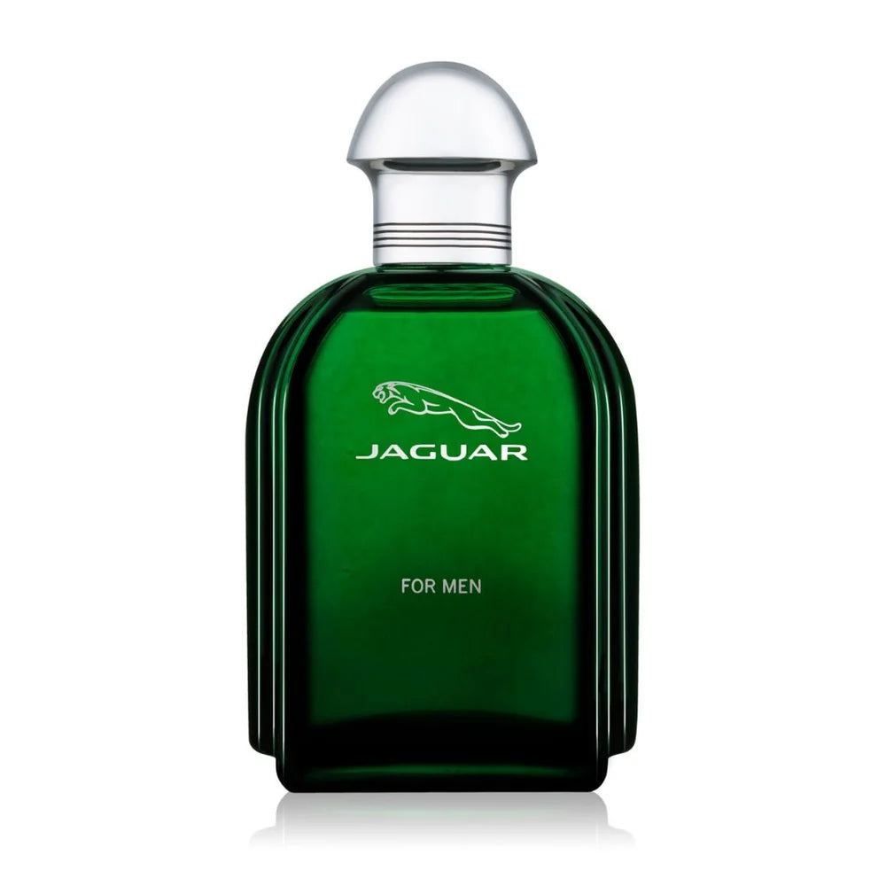 Jaguar For Men cologne bottle in dark green glass with a clear spherical cap, shown on a white background
