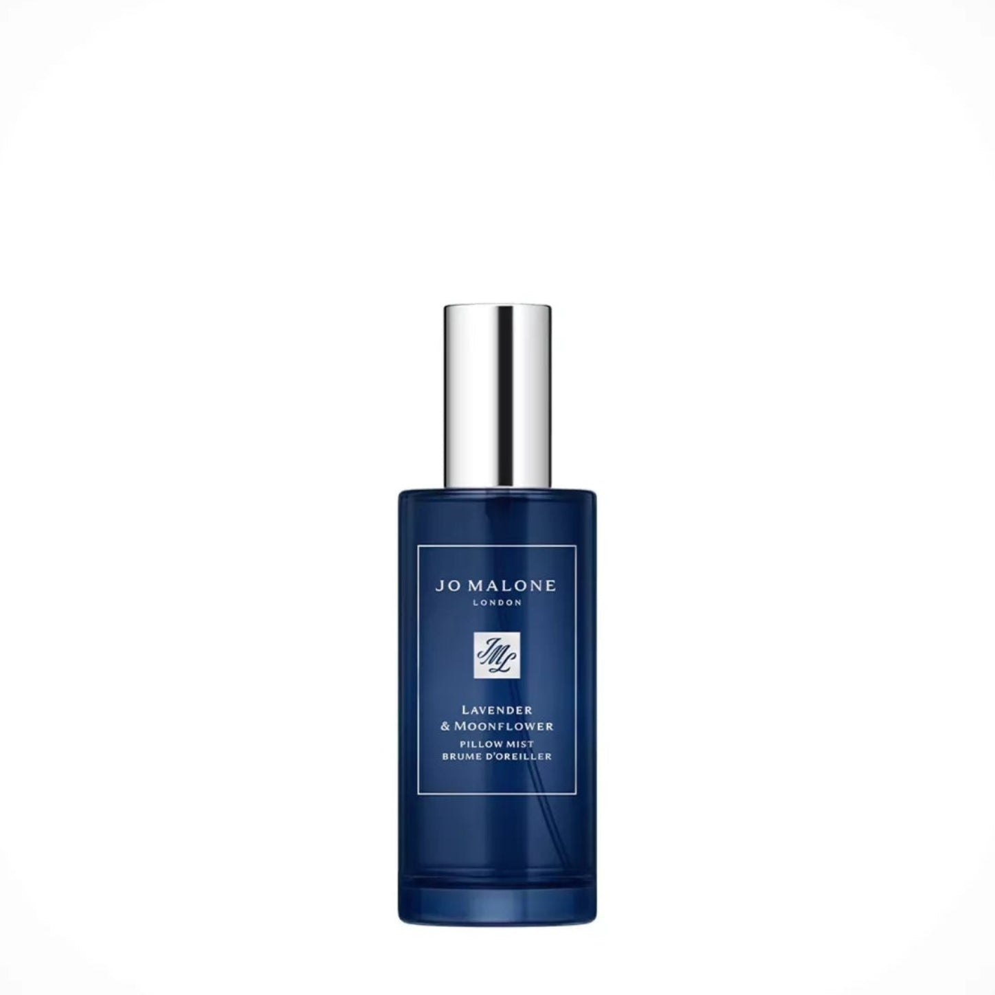 A bottle of Jo Malone London Lavender & Rose pillow mist, featuring a dark blue glass bottle and a silver cap, centered on a light gray background.