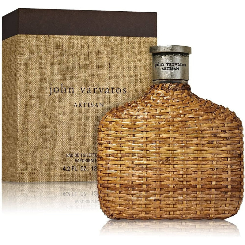 John Varvatos Artisan Eau de Toilette 125ml in the signature flask-shaped bottle hand-wrapped in caramel rattan with engraved metal cap