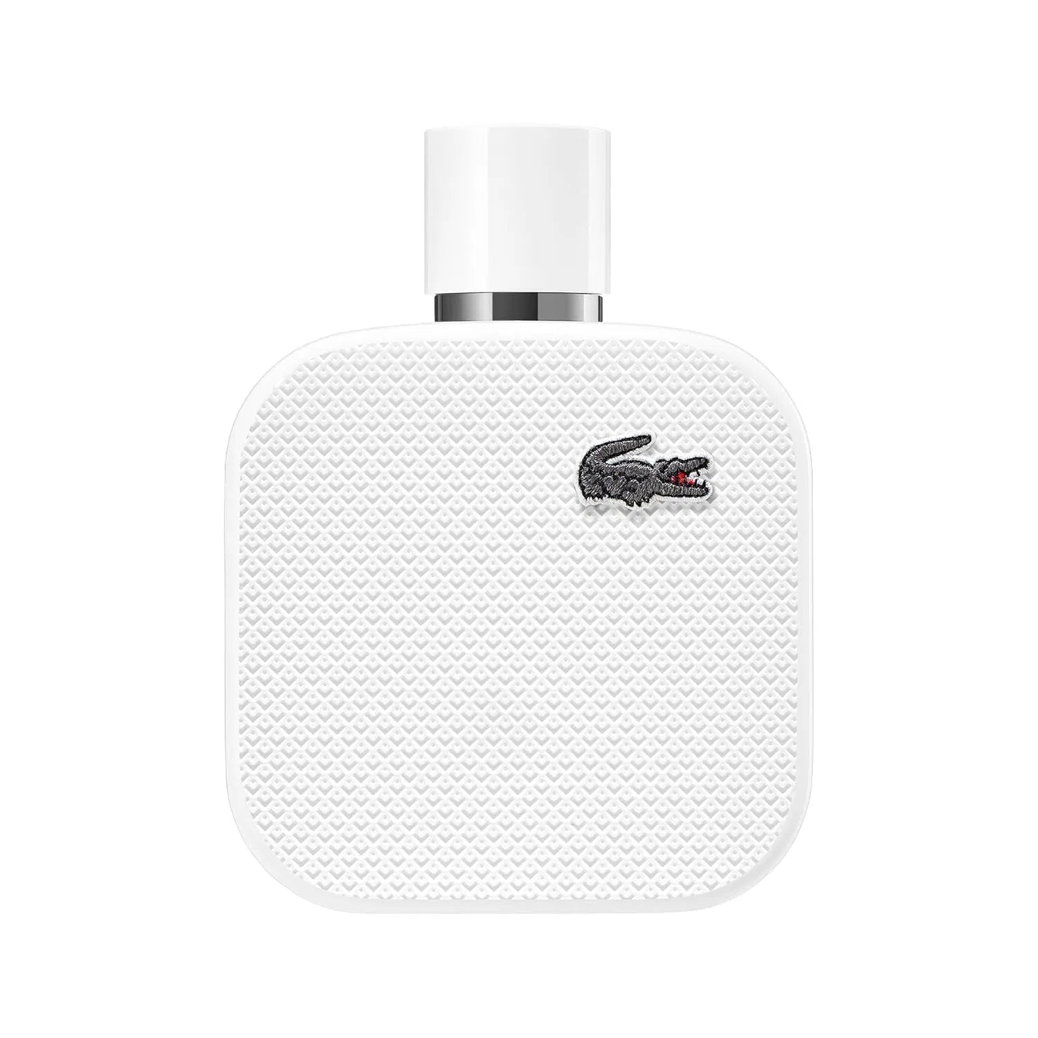 A white Lacoste perfume bottle with a textured pattern, a silver collar, and the iconic crocodile logo on the front, set against a plain white background.