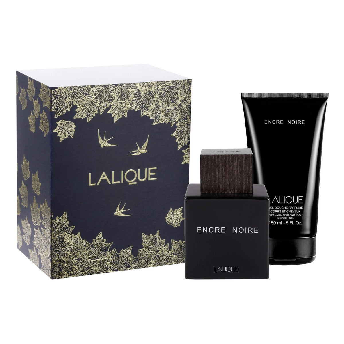Lalique Encre Noire Eau de Toilette 100ml and 150ml shower gel set in the iconic black inkwell-inspired bottle
