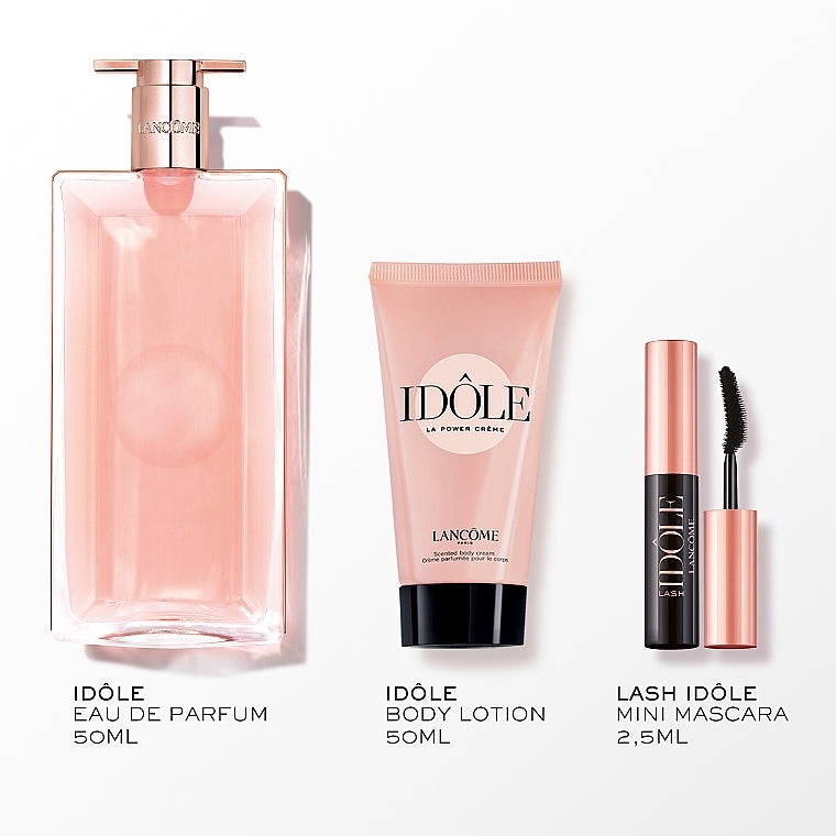 Lancôme Idôle Eau de Parfum gift set with 50ml EDP in the ultra-slim bottle, 50ml Power Cream and 2.5ml Lash Idôle Mascara
