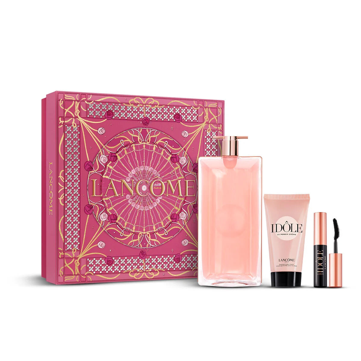 Lancôme Idôle Eau de Parfum gift set with 50ml EDP in the ultra-slim bottle, 50ml Power Cream and 2.5ml Lash Idôle Mascara in attractive packaging