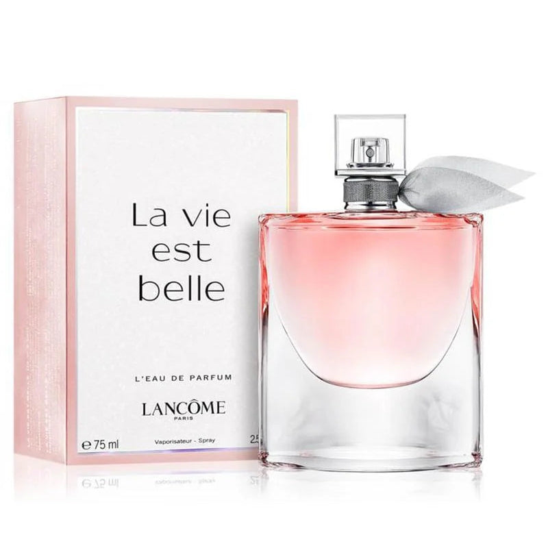 Lancome La Vie Est Belle perfume bottle and packaging on a white background