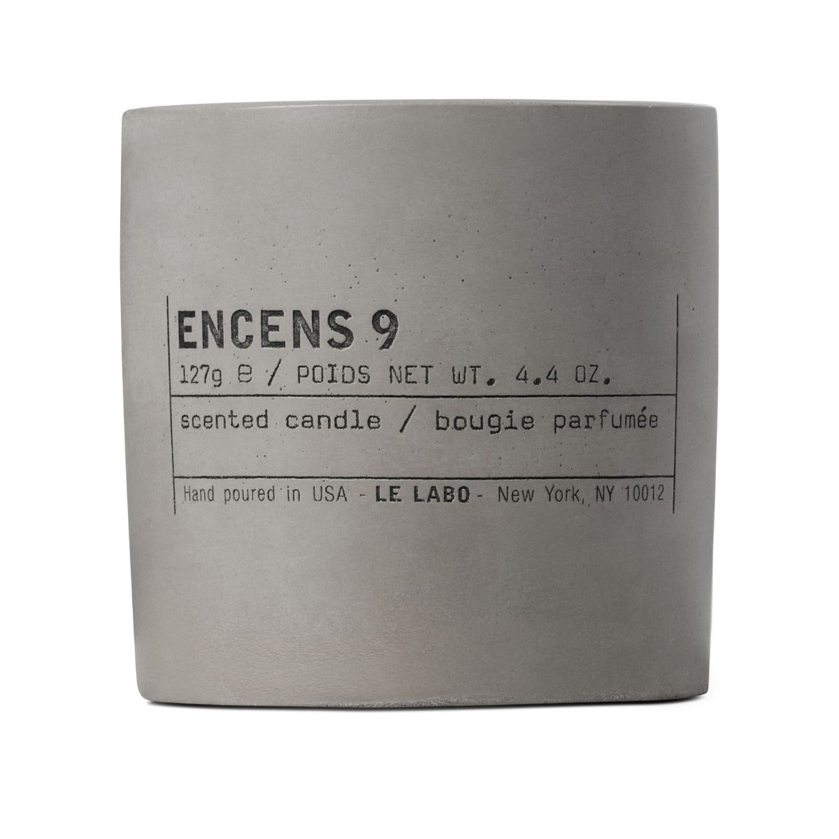 A square gray waxless candle jar with black printed text reading 'ENCENS 9' and 'scented candle / bougie parfumée' on a white background. Brand text 'LE LABO' is also visible near the bottom.