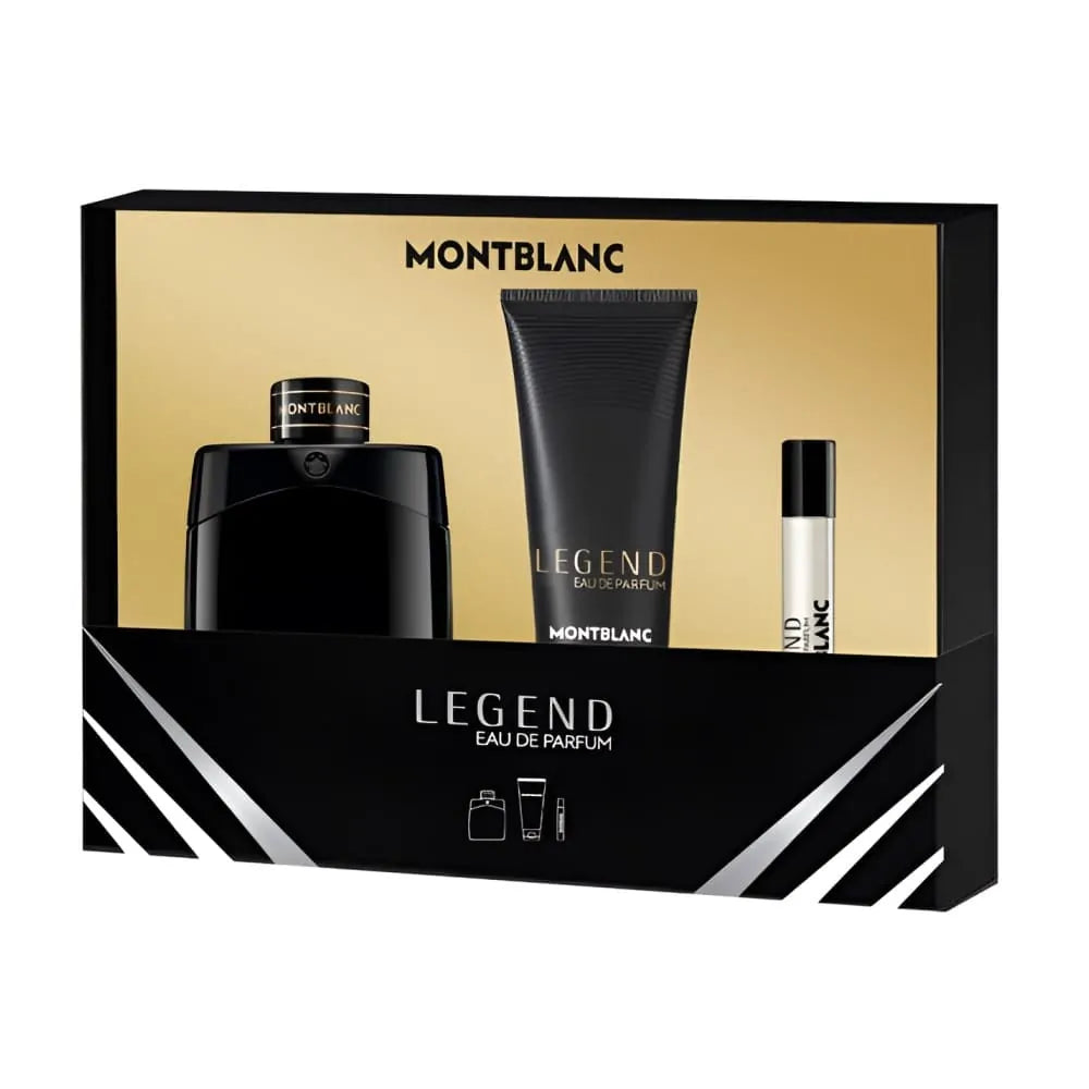 Montblanc Legend gift set featuring a 100ml Eau De Parfum bottle, 7.5ml travel spray, and 100ml shower gel arranged neatly on a white background.