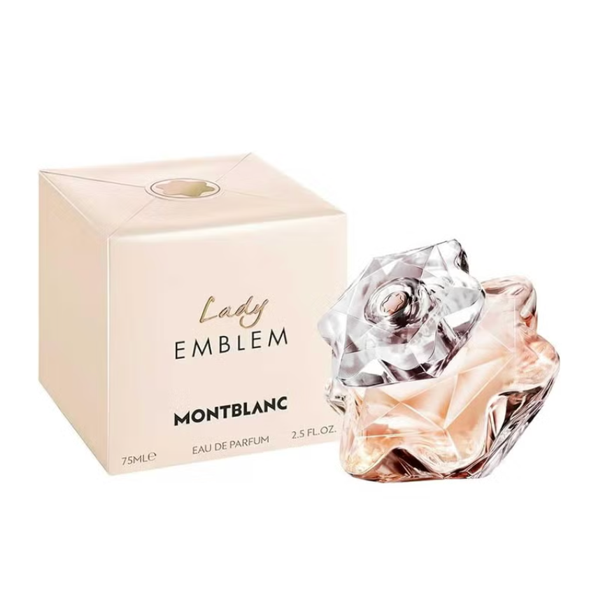 Montblanc Lady Emblem Eau de Parfum shown with its pale pink box and the faceted rose-shaped perfume bottle on a white background.