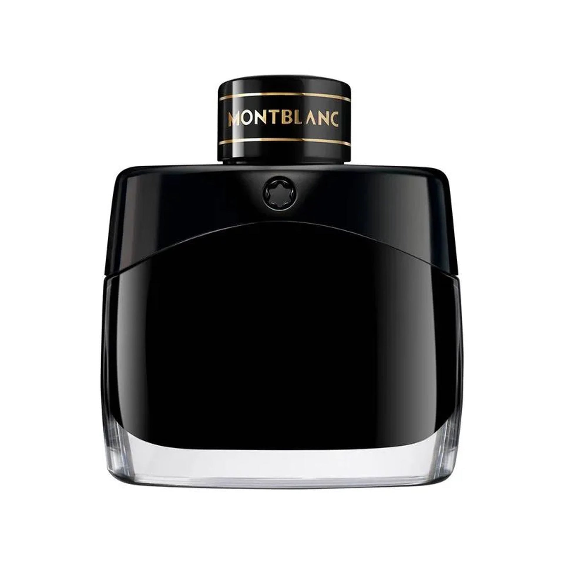 Montblanc Black fragrance bottle with a glossy black body, clear glass base, and a black cap featuring gold lettering, set against a plain white background.