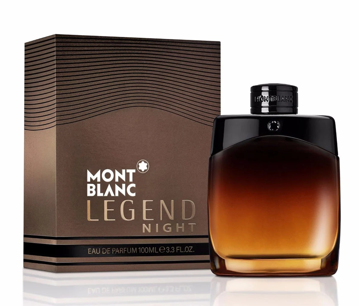 Mont Blanc Legend Night Eau de Parfum 100ml bottle in black glass with cognac-colored liquid