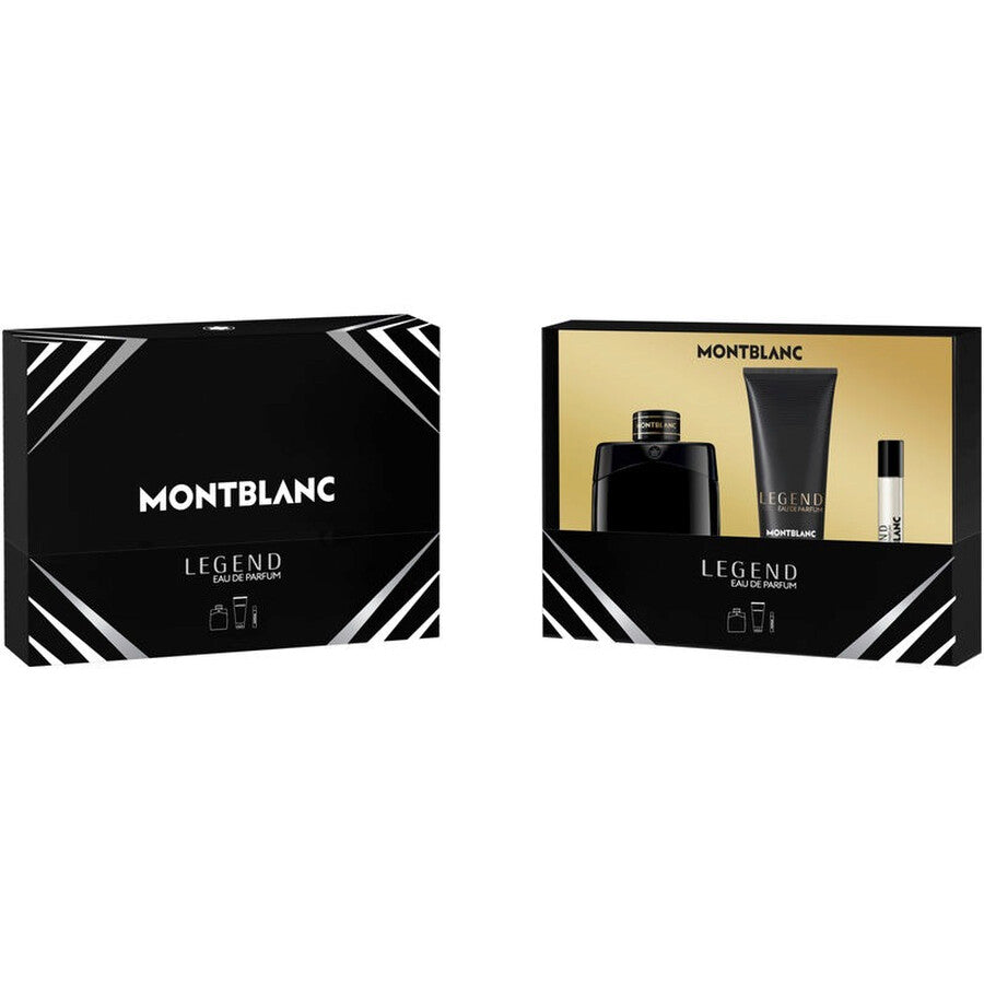 Montblanc Legend gift set featuring a 100ml Eau De Parfum bottle, 7.5ml travel spray, and 100ml shower gel arranged neatly on a white background.