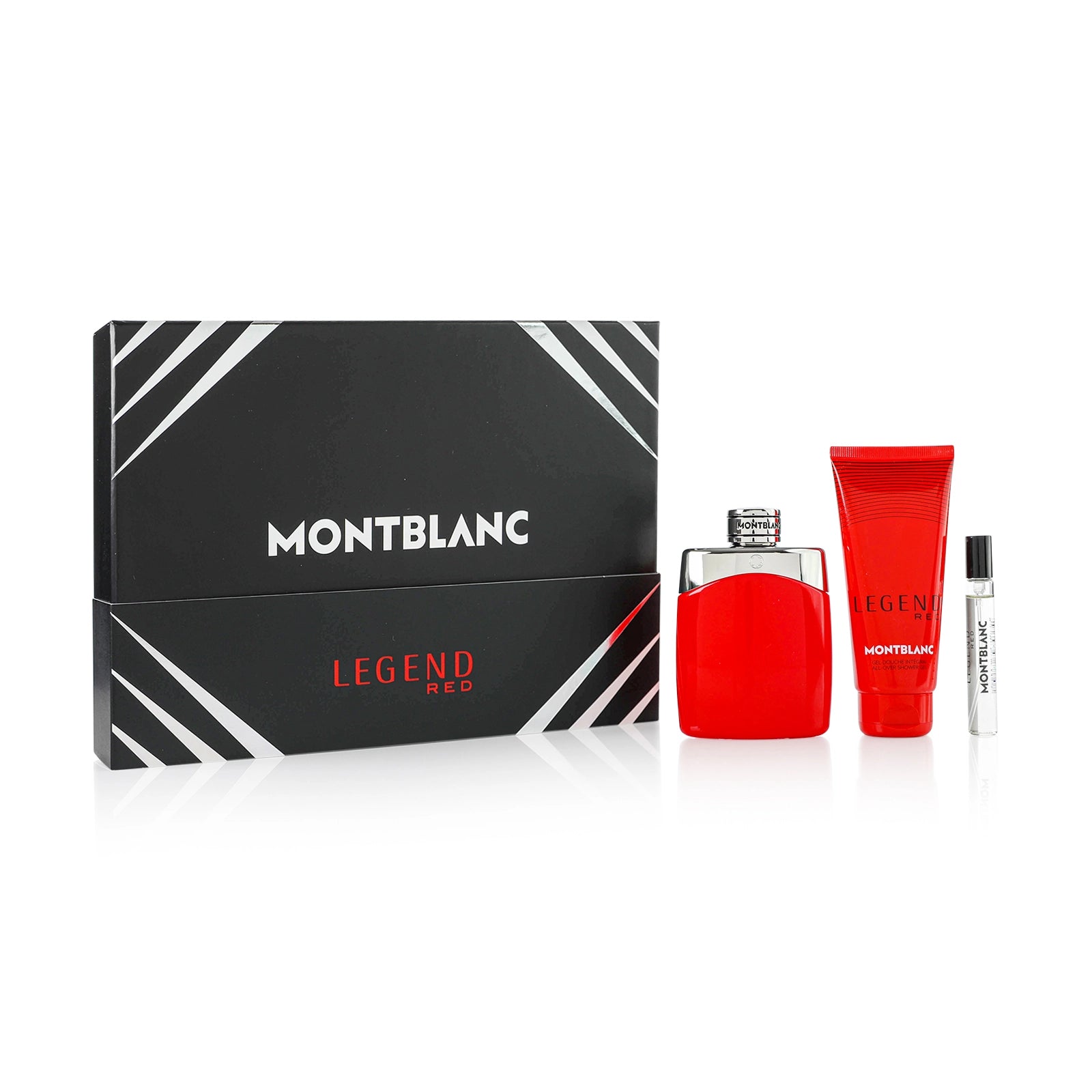 Montblanc Legend Red gift set with 100ml Eau De Parfum bottle, 7.5ml travel spray, and 100ml shower gel on a white background
