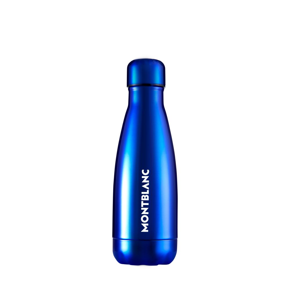 Blue Montblanc water bottle on a white background
