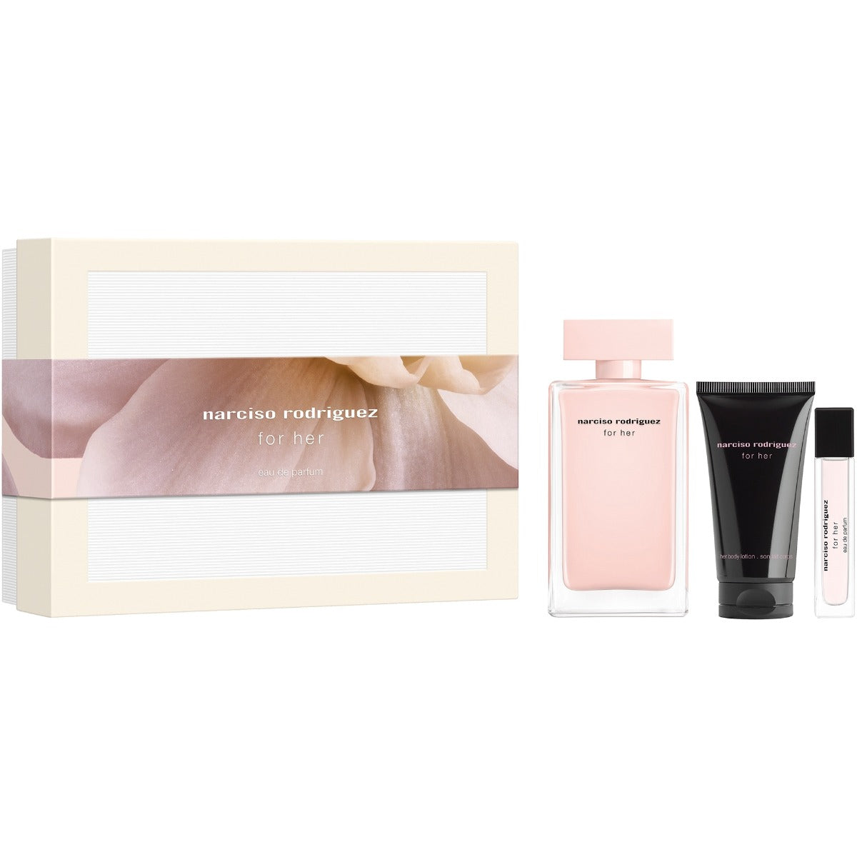 Narciso Rodriguez For Her EDP set with 100ml bottle, 10ml purse spray and body lotion in signature pink and black packaging