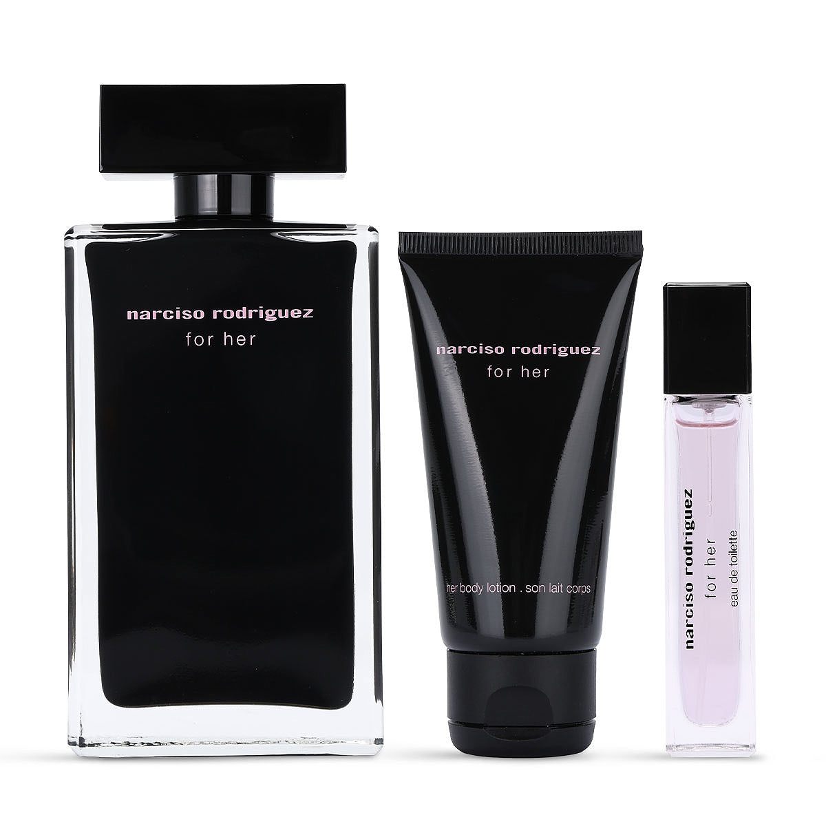 Narciso Rodriguez For Her EDT set with 100ml bottle, body lotion and 10ml travel spray in iconic black-interior glass bottle