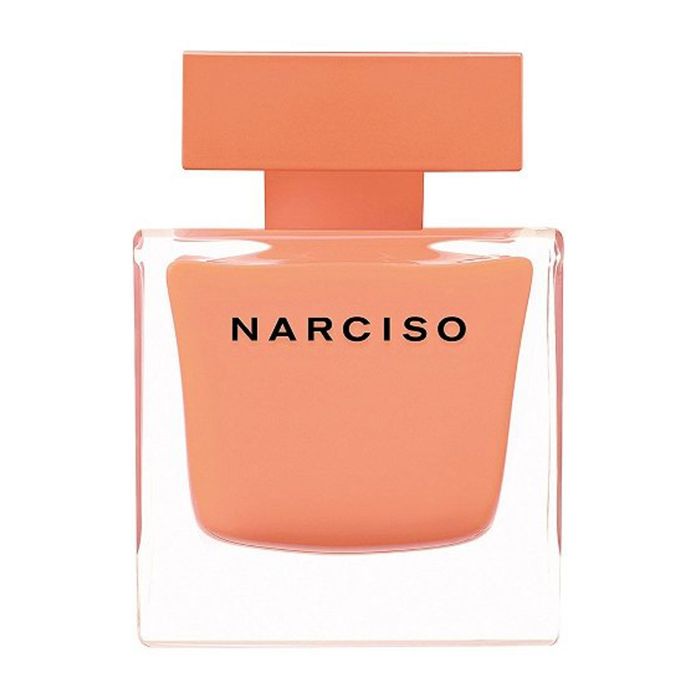 Narciso Rodriguez Narciso Eau de Parfum Ambrée 90ml in the iconic cubic glass bottle with warm amber peach lacquer and matching cap