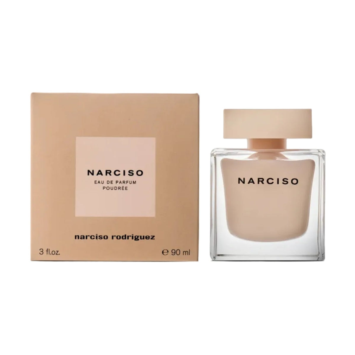 Narciso Rodriguez Narciso Eau de Parfum Poudrée 90ml in the iconic blush pink lacquered cubic glass bottle with matching pink cap