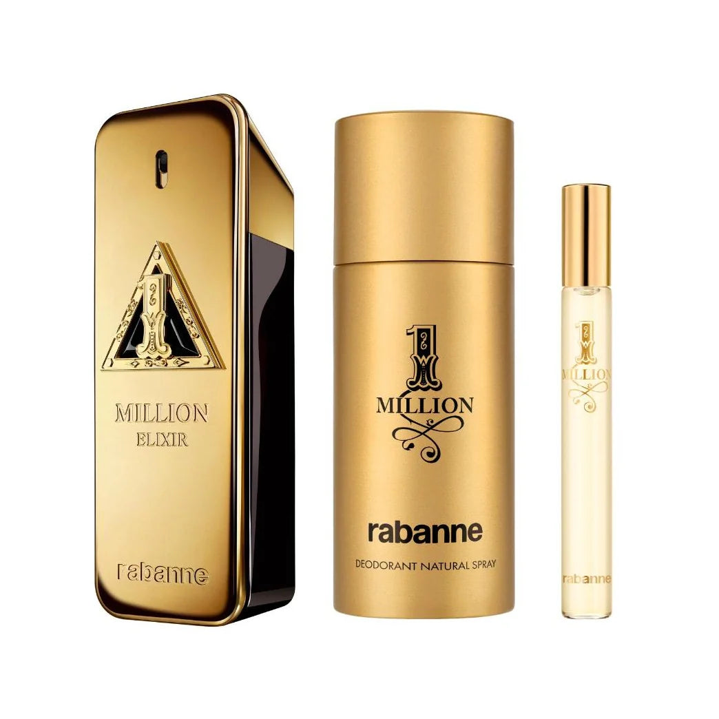 Rabanne 1 Million Elixir Parfum Intense gift set with 100ml and 10ml bottles and 150ml deodorant spray in the iconic gold bar-shaped bottle