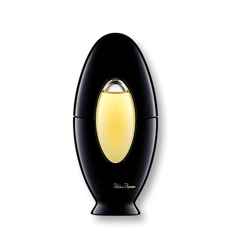 A black oval perfume bottle with a glossy finish and a central oval window showing pale yellow liquid, with the 'Paloma Picasso' brand name printed in gold near the base, set against a plain white background.