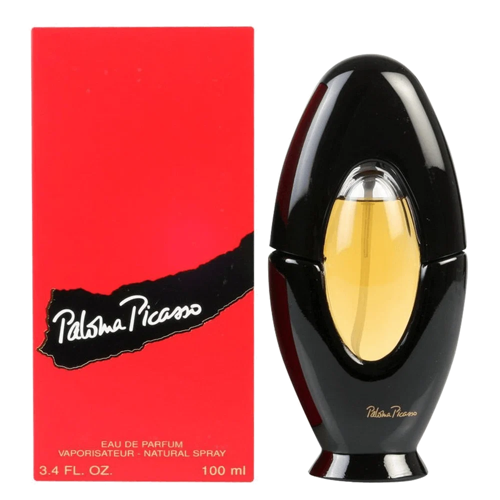 Palma Picasso Eau de Parfum 100ml bottle next to its red and black packaging box on a white background.