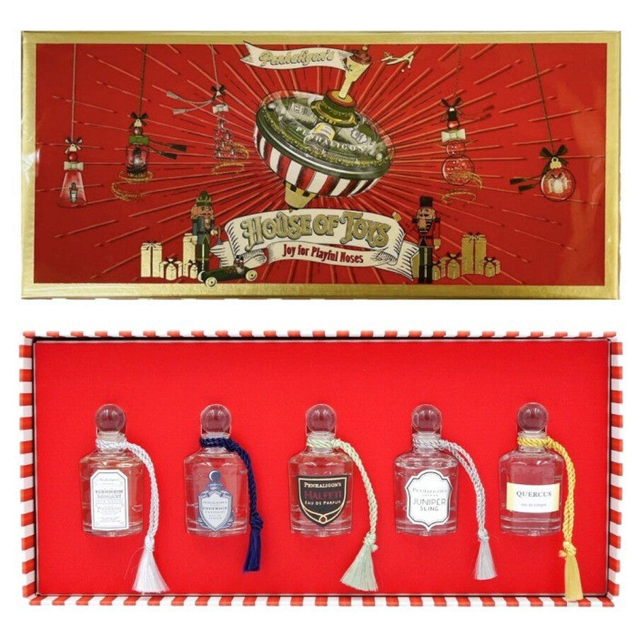 Penhaligon's fragrance discovery set with Blenheim Bouquet, Endymion, Halfeti, Juniper Sling, and Quercus miniature bottles in elegant packaging
