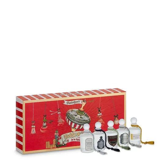 Penhaligon's fragrance discovery set with Blenheim Bouquet, Endymion, Halfeti, Juniper Sling, and Quercus miniature bottles in elegant packaging