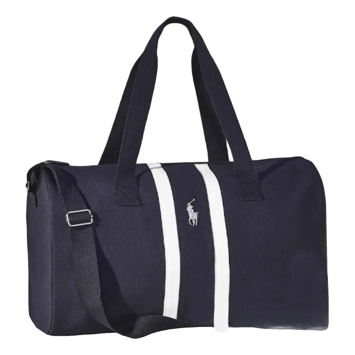 Ralph Lauren Polo Blue duffle bag in navy canvas with white stripes and embroidered logo, featuring top handles and shoulder strap.