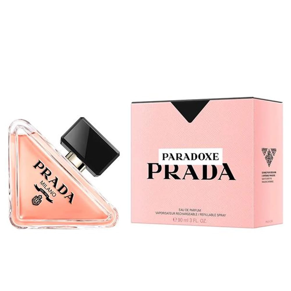 Prada Paradoxe Eau de Parfum 90ml refillable in the signature pink bottle with clean Prada lettering and architectural lines