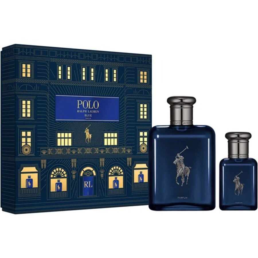 Ralph Lauren Polo Blue Parfum gift set with 125ml perfume bottle and 40ml travel spray in elegant packaging.