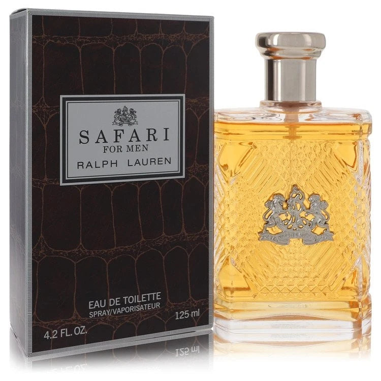 Ralph Lauren Safari For Men Eau de Toilette 125ml bottle with its dark brown textured packaging box, displayed on a reflective white surface.