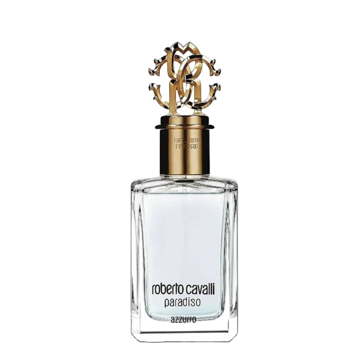 Roberto Cavalli Paradiso Azzurro Eau de Parfum 100ml bottle in sea-blue tinted glass