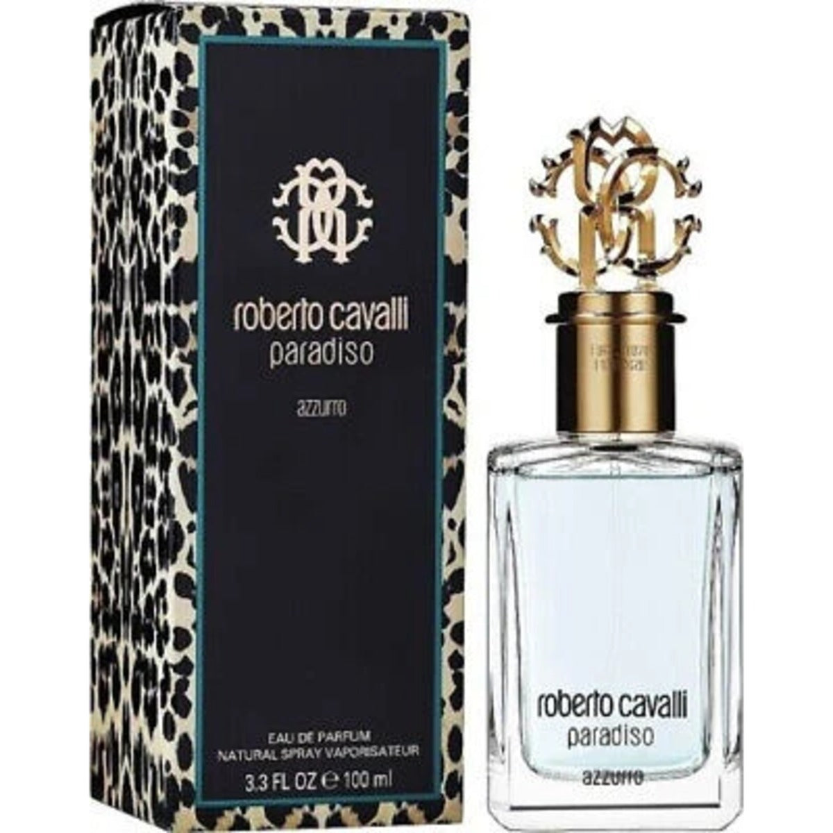 Roberto Cavalli Paradiso Azzurro Eau de Parfum 100ml bottle in sea-blue tinted glass