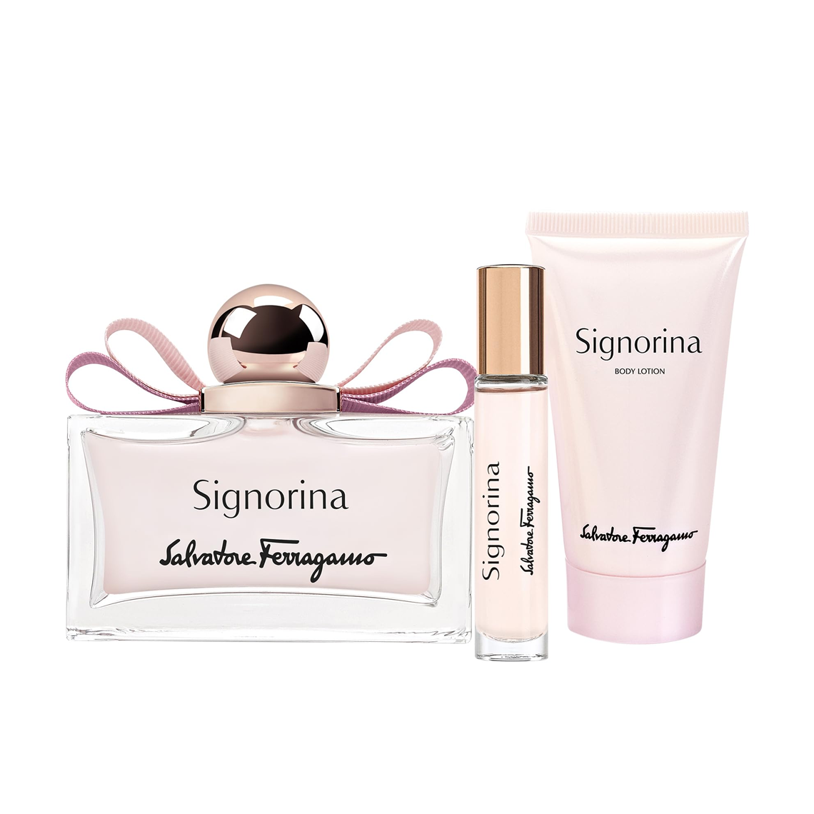 Salvatore Ferragamo Signorina EDP set with 100ml and 15ml bottles and matching body lotion in signature red packaging
