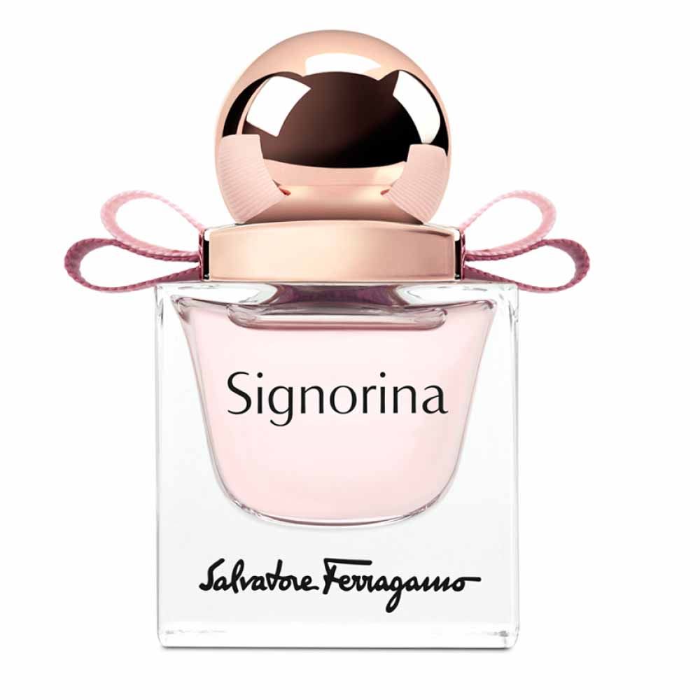 Salvatore Ferragamo Signorina perfume bottle with ribbon on a white background