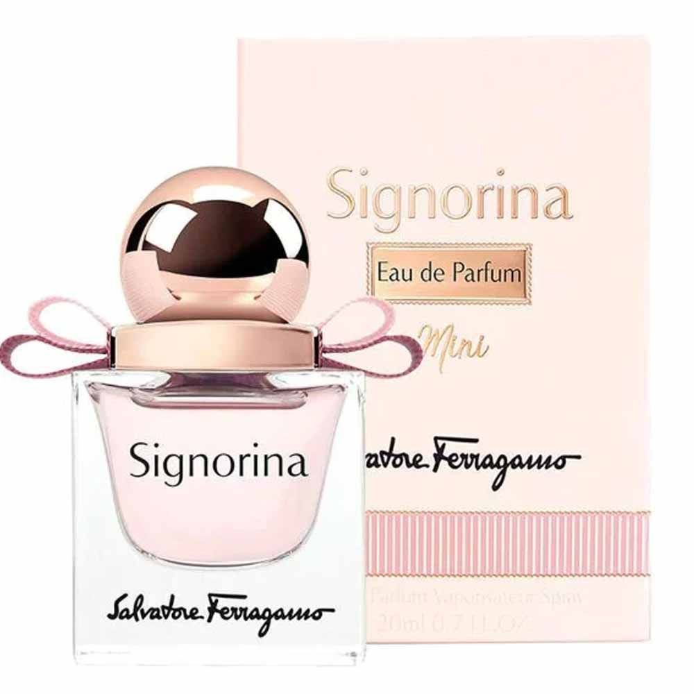 Salvatore Ferragamo Signorina Eau de Parfum mini bottle and packaging on a white background