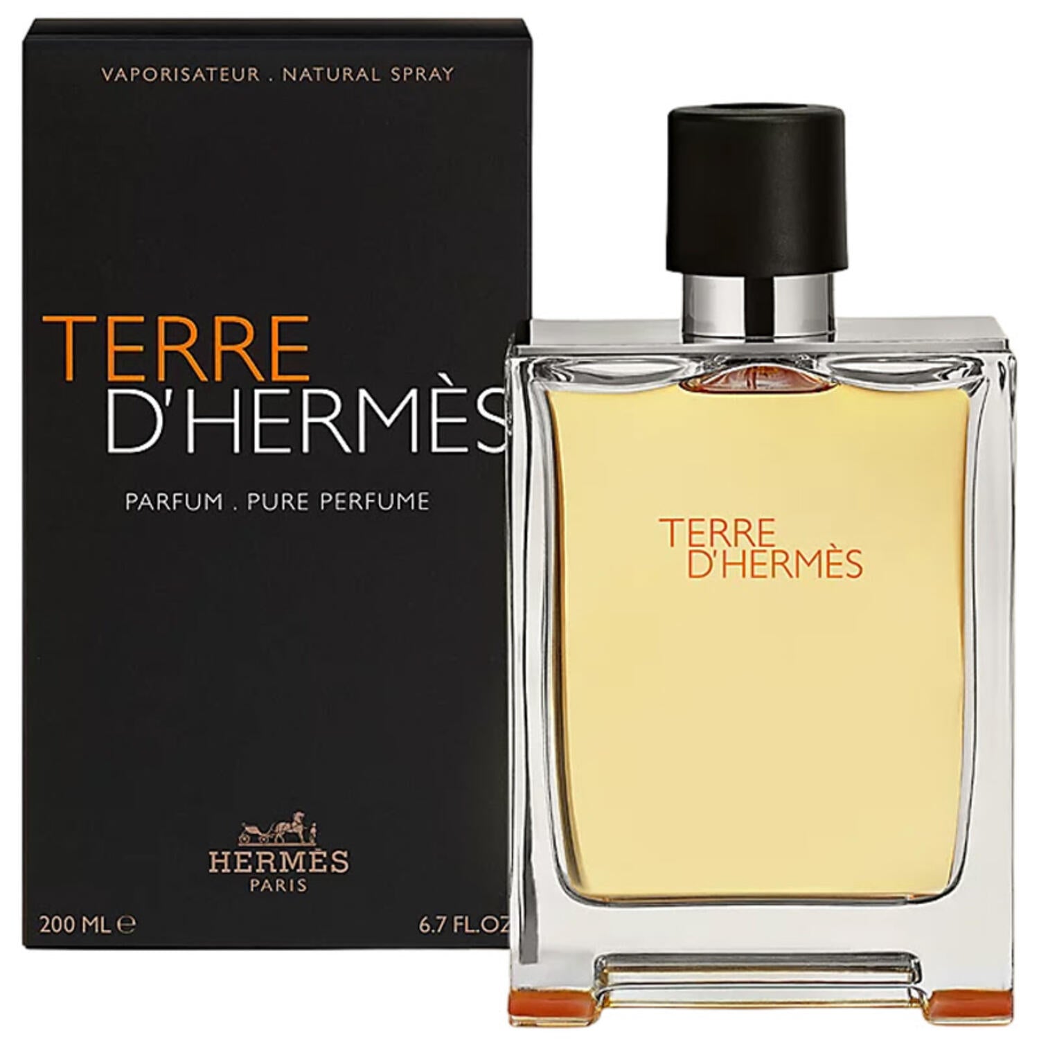 Terre d'Hermès Parfum 200ml bottle resting on orange H base with Clou de Selle detailing
