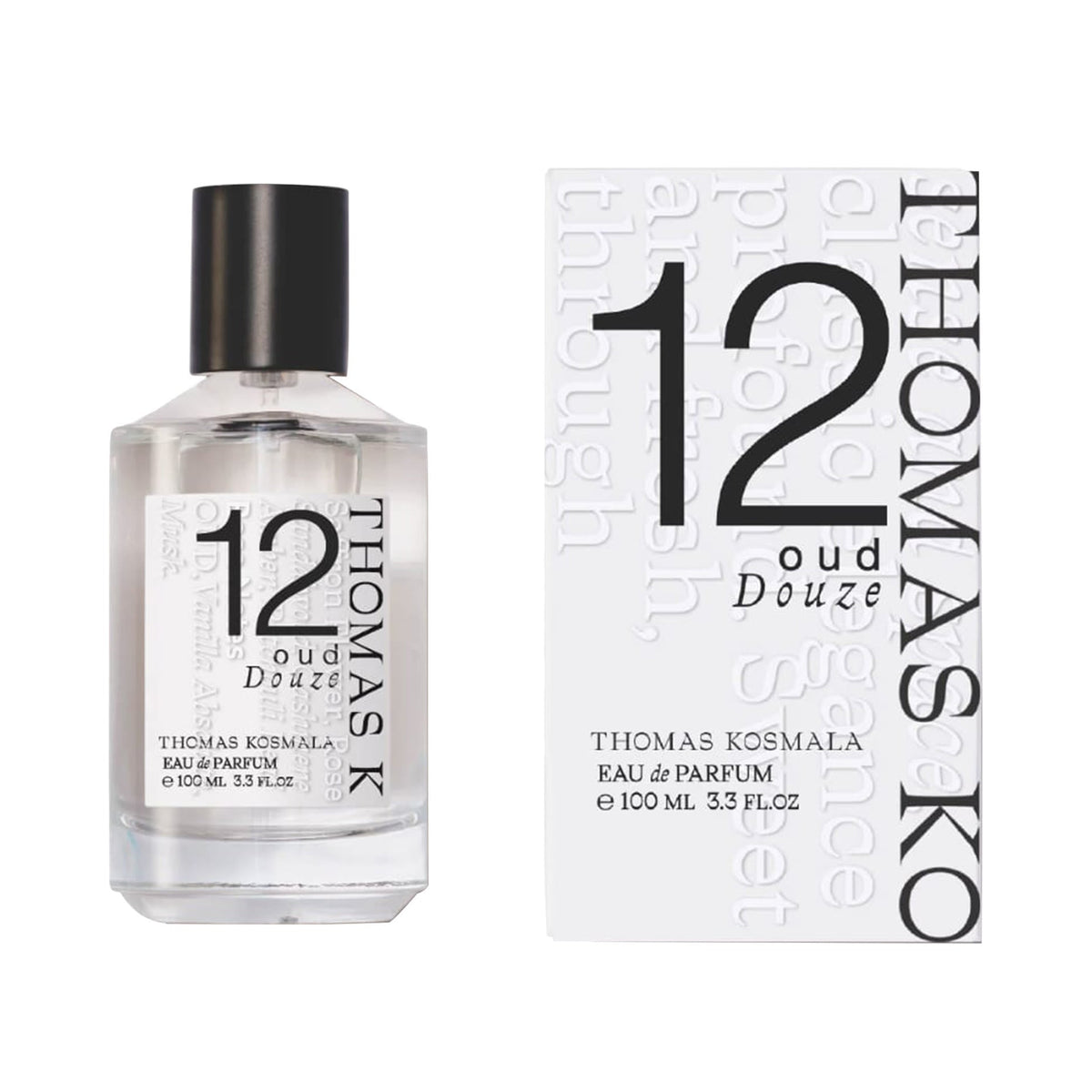 Thomas Kosmala 12 Oud Douze Eau de Parfum bottle next to its white packaging box, featuring a black cap and minimalist black text on a white background.