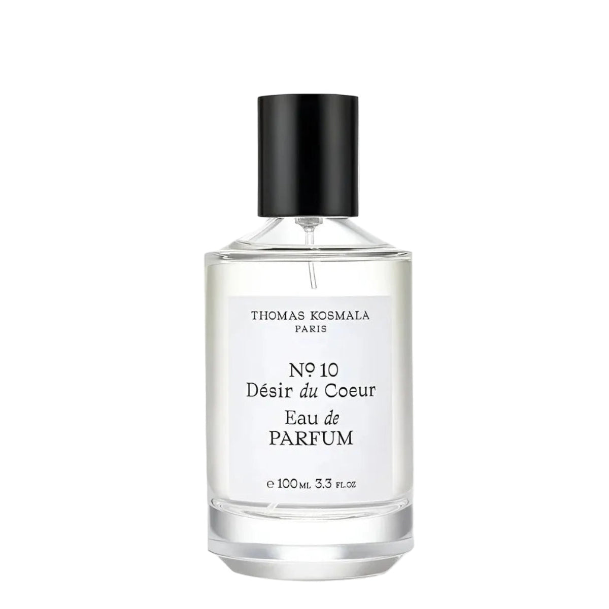 A 100ml clear glass bottle of Thomas Kosmala Paris No. 10 Désir du Coeur Eau de Parfum, featuring a white label and a matte black cap, set against a plain white background.